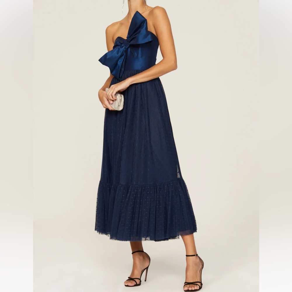NEW Anthropologie Dress Hutch Strapless Tiered Tulle Midi Bow Navy Blue 8